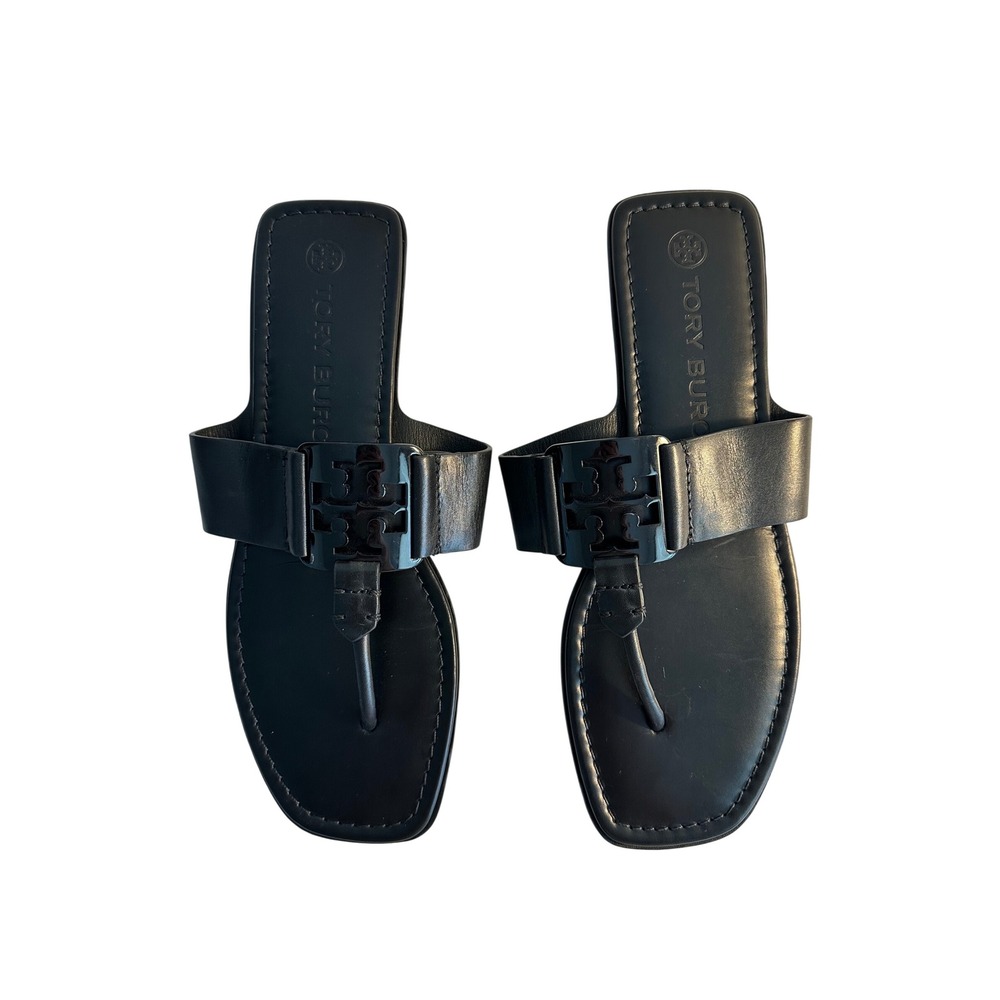 Tory Burch Georgia Leather Thong Sandal Size 10M Perfect Black Metal Logo